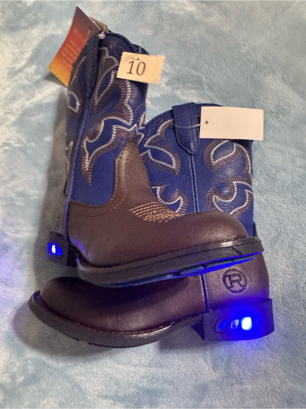 Roper Boys Navy and Brown Pull-On Western Boots - With Blue Light Up - Picture 5 of 7